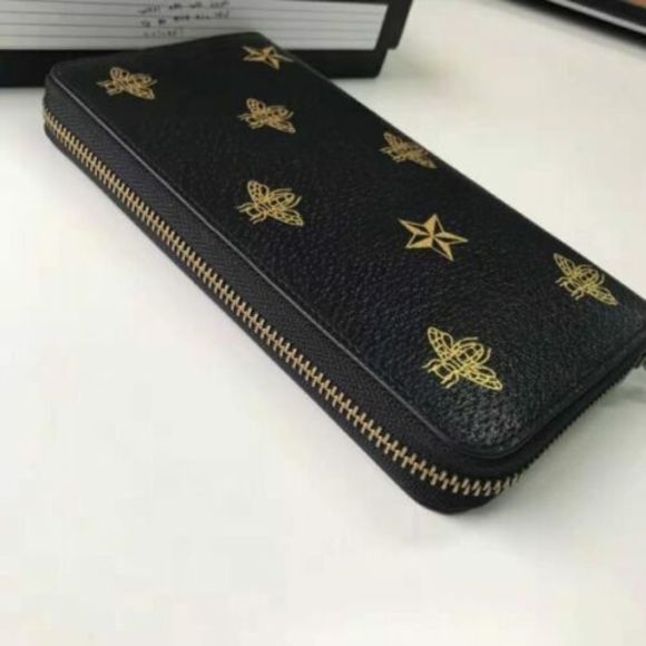 Gucci Black Leather Large Long Wallet Zip Around Gold Oro Bee Star Italy NEW - Picture 4 of 16